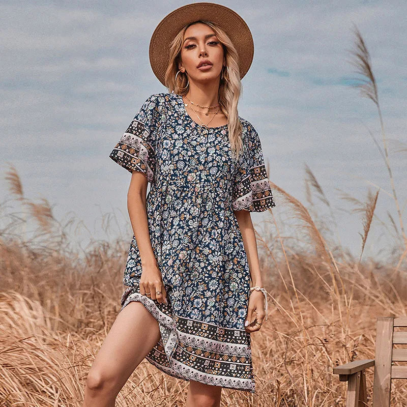 Vestido Casual Boêmio para Praia, com Estampa Floral Vintage