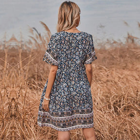 Vestido Casual Boêmio para Praia, com Estampa Floral Vintage