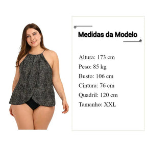 Biquíni Tankini Cinza de Bolinhas com Costas Nuas - Janelaila Moda