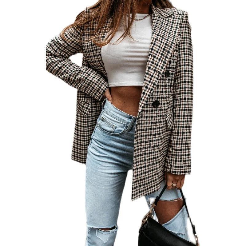 Blazer Xadrez de Manga Longa para Mulheres Outono/Inverno, Estilo Coreano, Terno de Escritório com Colarinho, Casaco de Jaqueta - Cardino